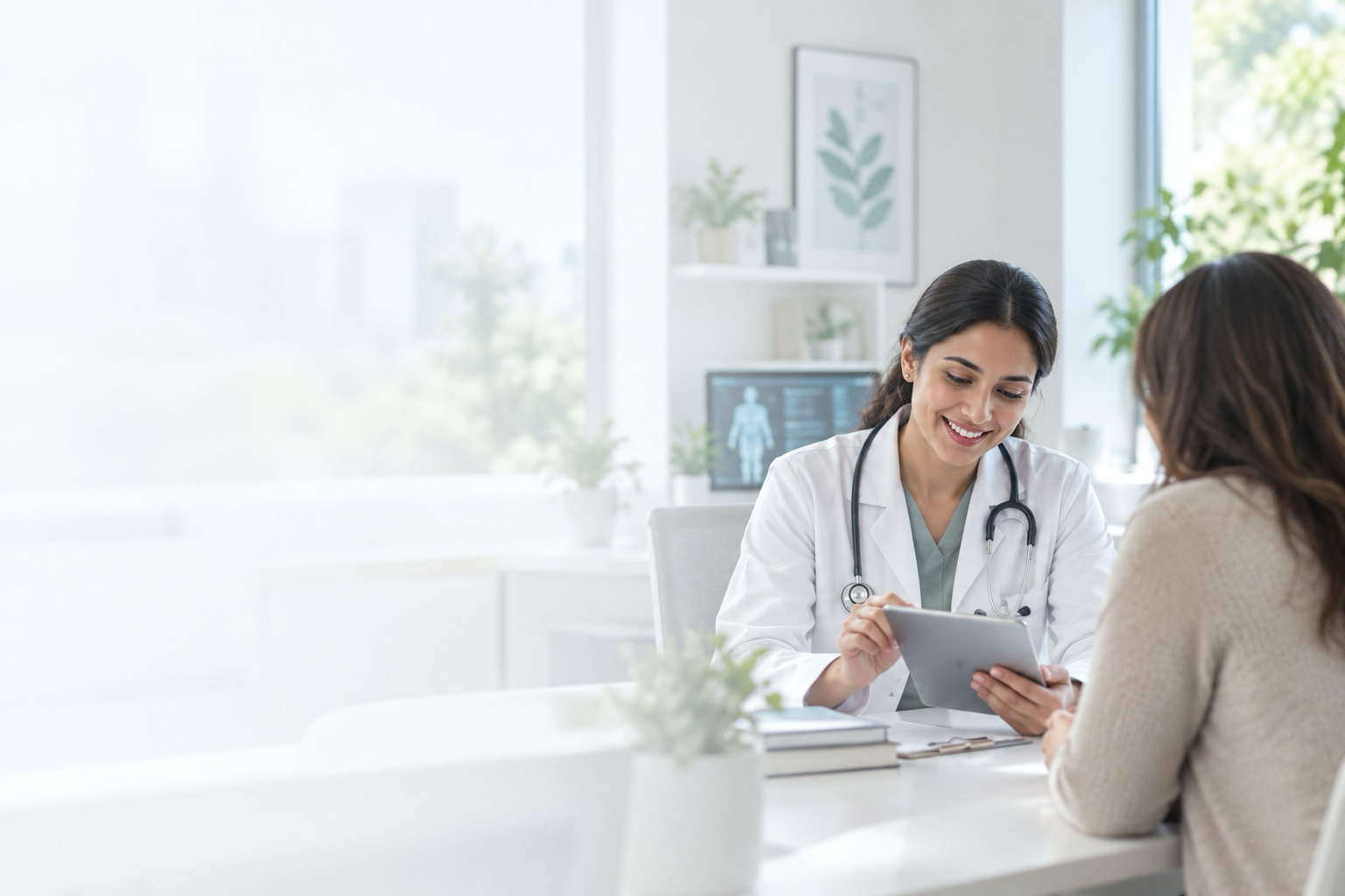 Doctor and patient reviewing health information together on a tablet